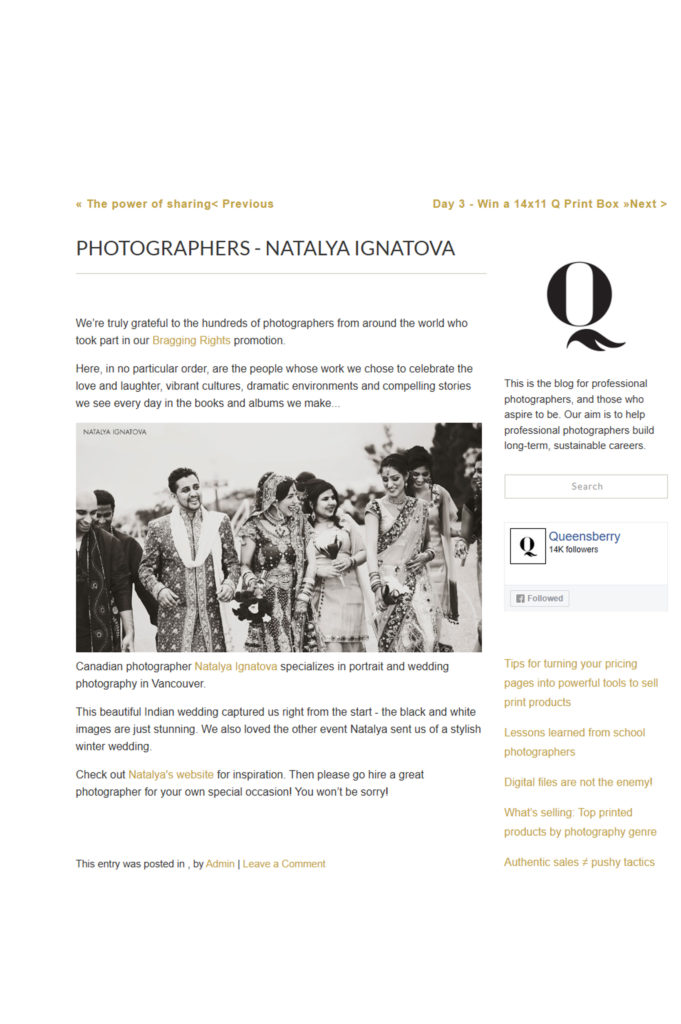 Скриншот блога Queensberry с заголовком «Photographers – Natalya Ignatova» и чёрно-белой фотографией индийской свадьбы, иллюстрирующей портретную и свадебную съёмку московского фотографа Натальи Игнатовой.