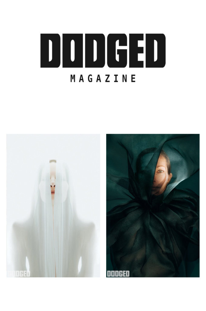 Логотип Dodged Magazine и две креативные студийные фотографии девушки в полупрозрачном текстиле — работы московского фотографа Натальи Игнатовой.